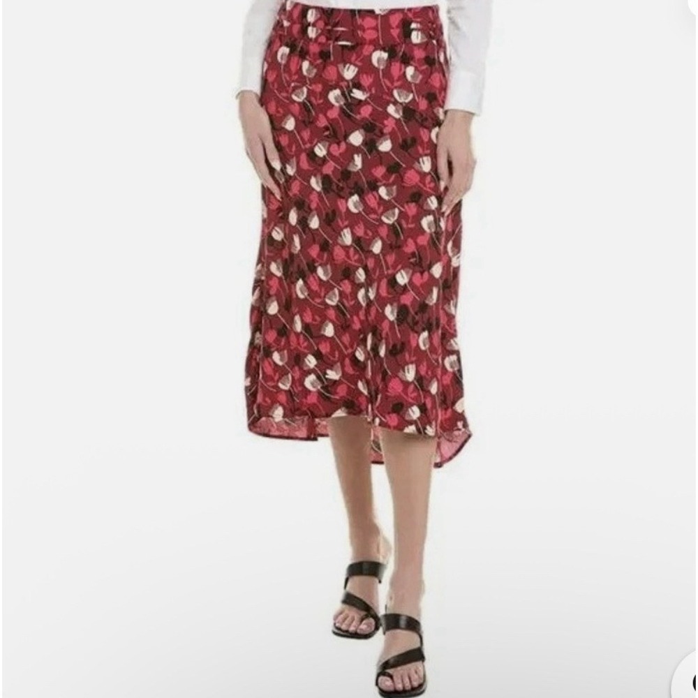 CAbi Corsage Red Floral Wine Blossom High Low Feminine Flowy Midi Skirt Size 8